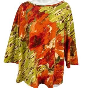 Talbots Womens Stretch Cotton Knit Green Orange Long Sleeve Top Shirt sz 3X